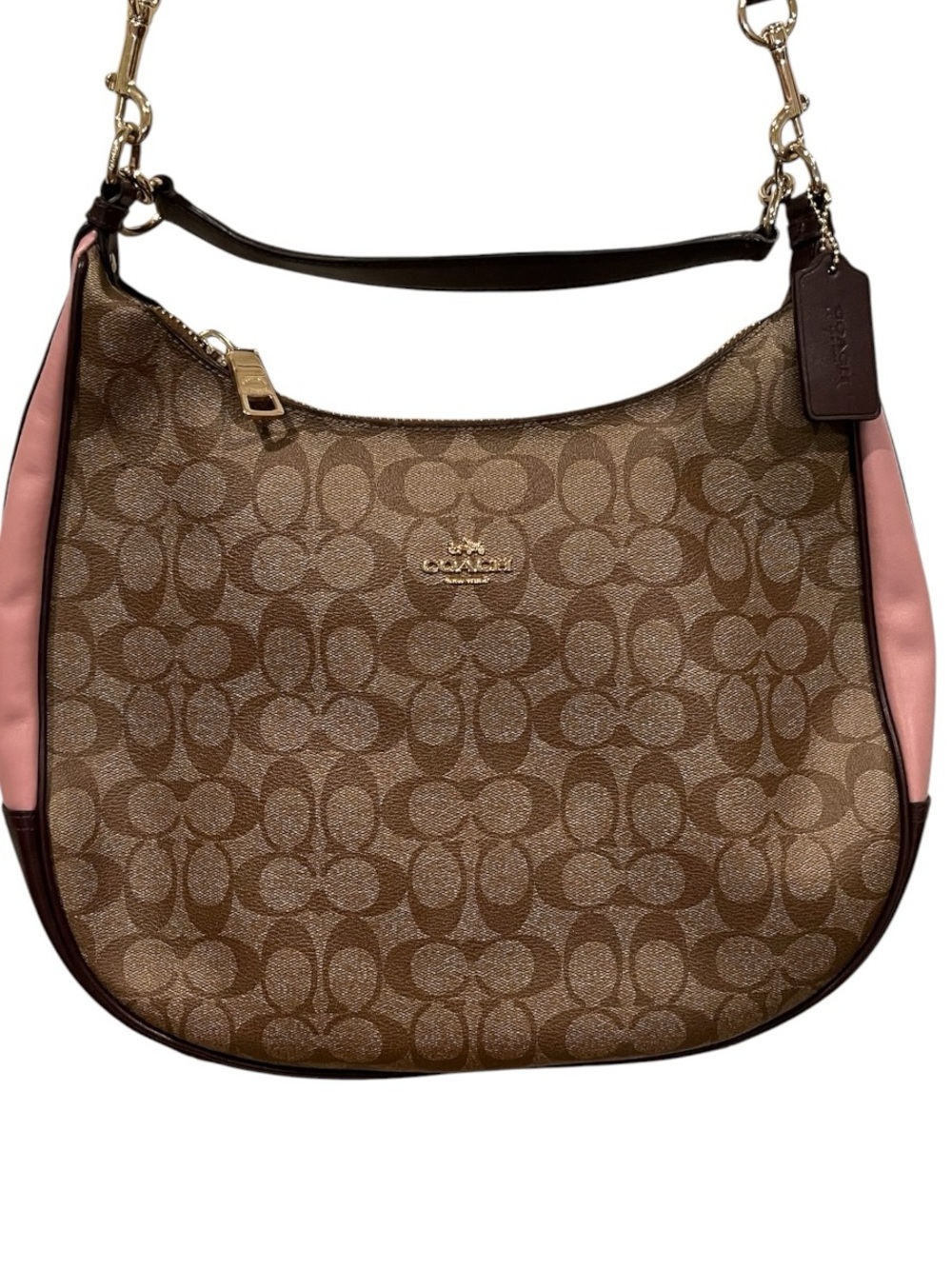 Coach Harley Hobo Brown Signature waxed Canvas color block burgundy pink.